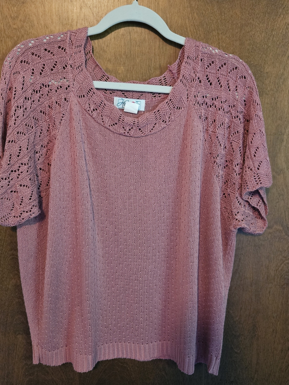 Vintage Haband Rose Knit Short Sleeve Top with Lace Yoke